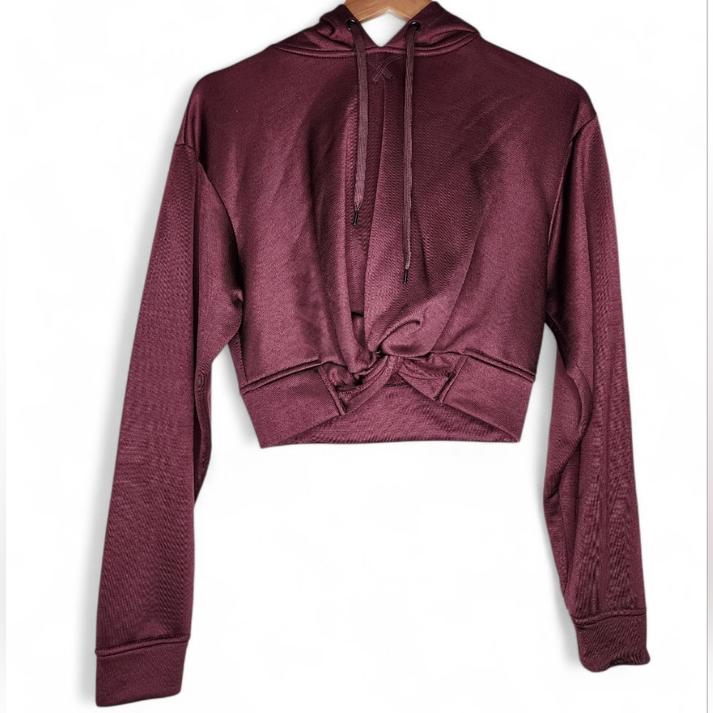 T Alexander Wang Maroon Twist Front Drop Shoulder Cropped Hoodie Top Size XS
